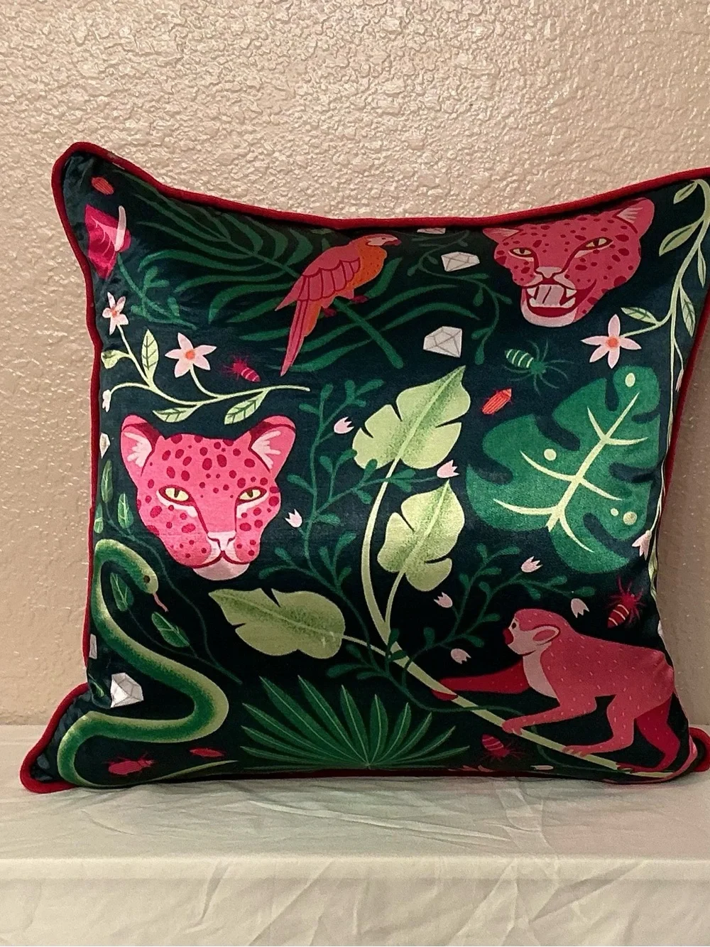 Tropical Jungle Print Decorative Pillow - Pink Leopard Motif